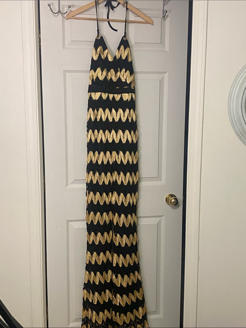 True Decadence Halter Maxi Dress with Gold Zigzag Pattern